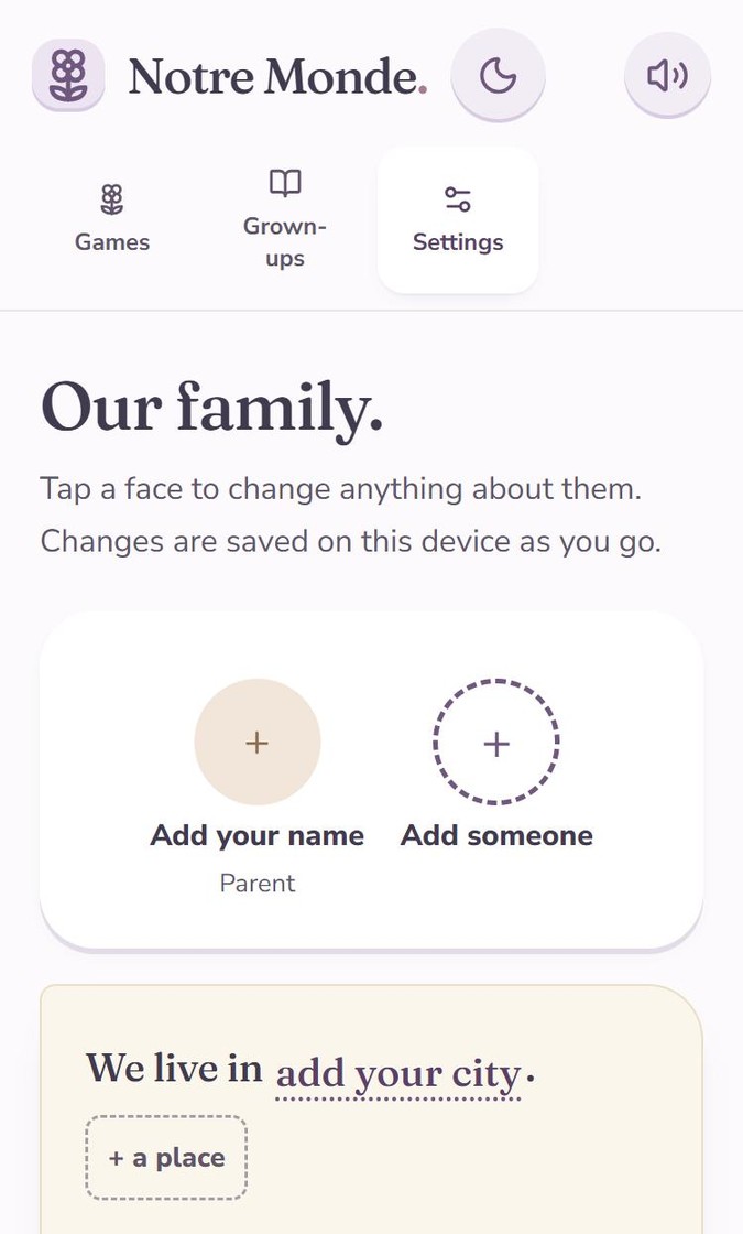 Notre Monde settings screen from October 4, 2026, titled Our family, with places to add each family member and where the family lives.